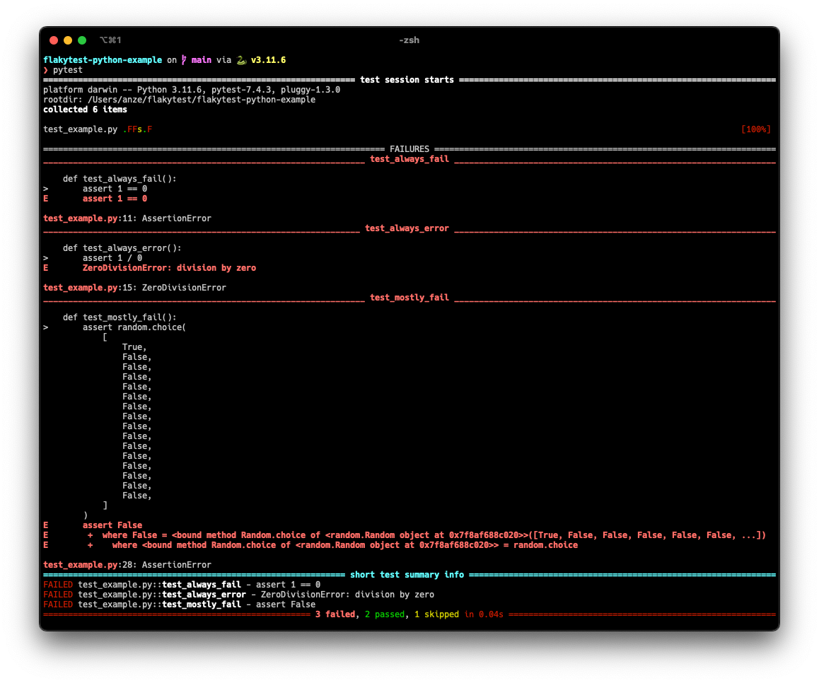 A screenshot of a terminal window showing the failing tests